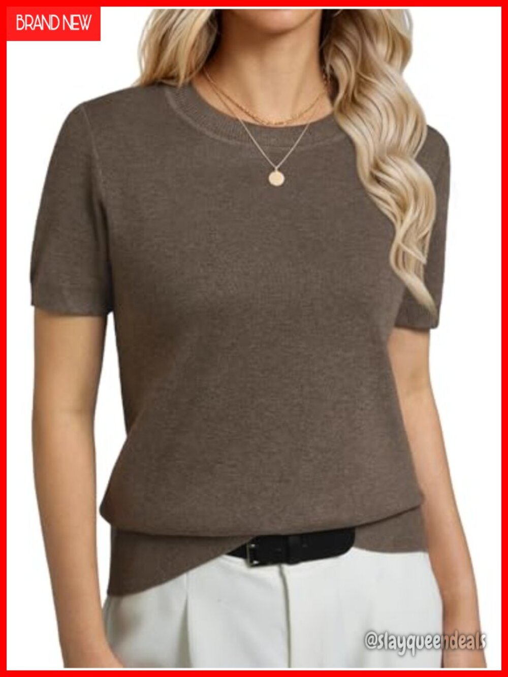 Wool Blend Short Sleeve Knit Sweater Crew Neck Relaxed Fit Business Casual